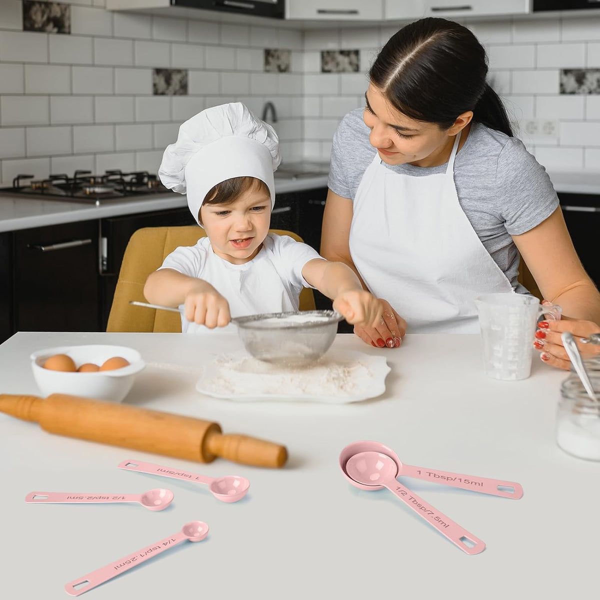 Stainless Steel Measuring Spoons Set of 5, Metal Measuring Cups and Spoons Set for Liquid/Food/Kitchen/Baking (Pink)
