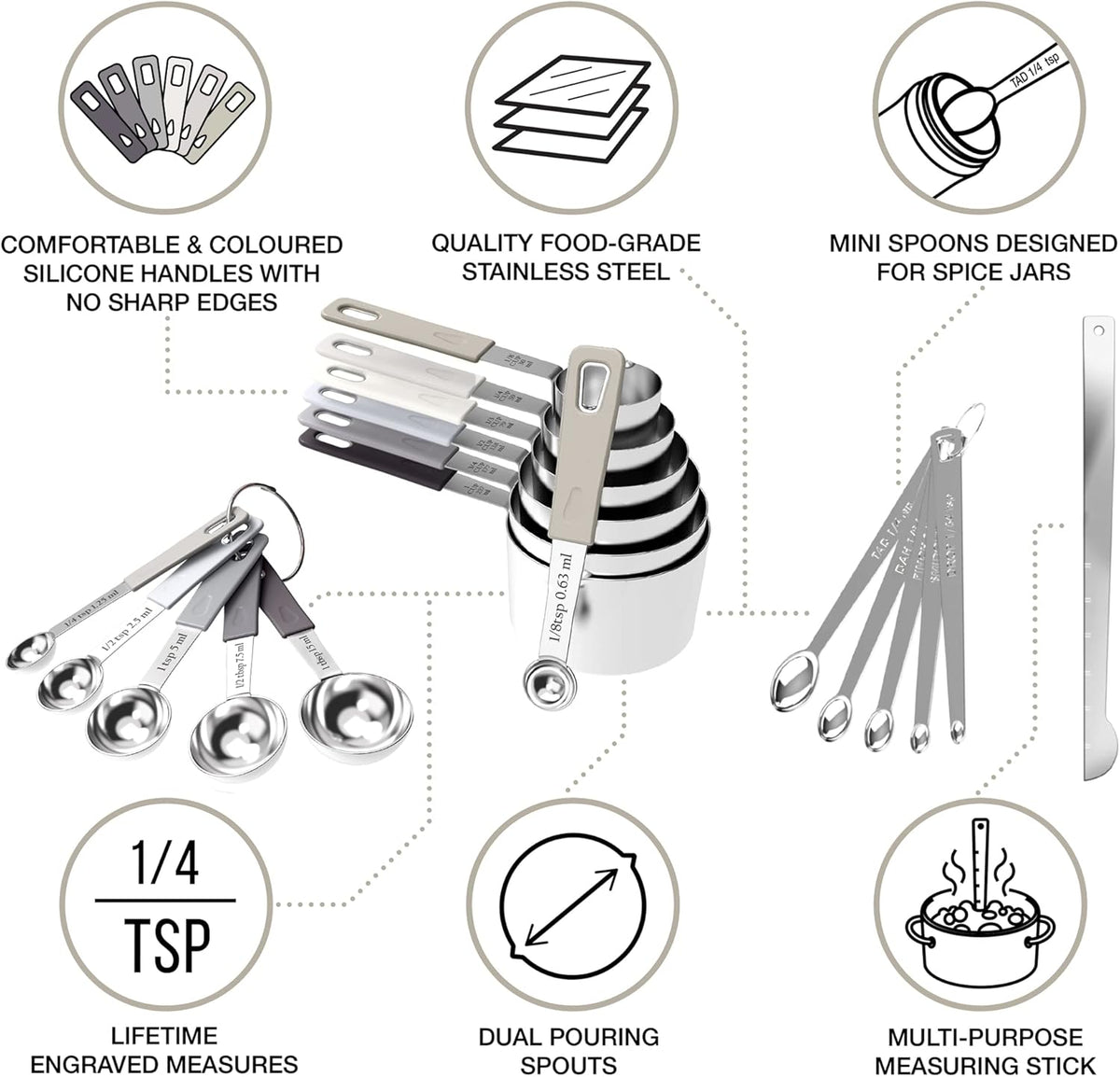 CuttleLab 22-Piece Stainless Steel Measuring Cups and Spoons Set, Tad Dash Pinch Smidgen Drop Mini Measuring Spoons, Measuring Stick Leveler, Measurement Conversion Chart Fridge Magnet, (Charcoal)