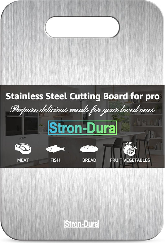Stron-Dura Small Stainless Steel Cutting Board for Kitchen, 11.5" x 8" Food Safe Metal Chopping Board, Dishwasher Safe, Double Sided Odorless, Cutting Board for Meat Veggies Camping
