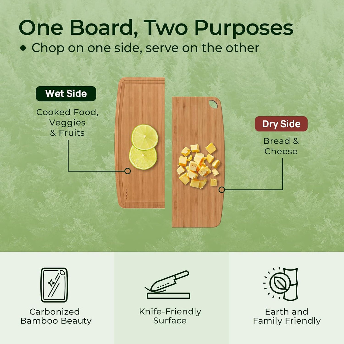 Keechee Dishwasher Safe Carbonized Bamboo Wood Cutting Boards for Kitchen with Juice Groove, Wooden Charcuterie & Chopping for Fruit, Vegetables & Cheese, Durable, Lightweight, Water-Resistant