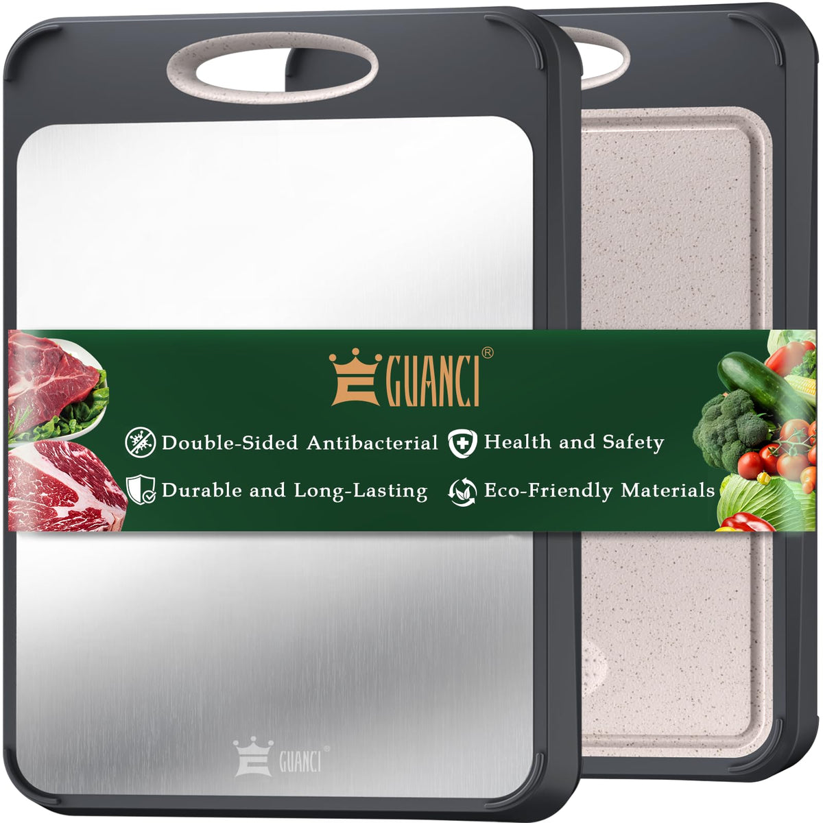 GUANCI Stainless Steel Cutting Board for Kitchen, Non Toxic 2-in-1 Double Sided Design, 304 Food Grade Stainless Steel & Wheat Straw PP, Durable Chopping Board for Meat & Vegetables, 14×9.6 Inch