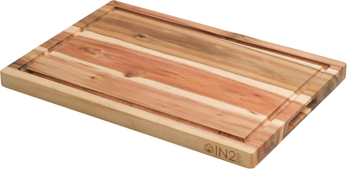 Acacia Wood Cutting Board with Juice Groove & Teak-Look Serving Tray Set