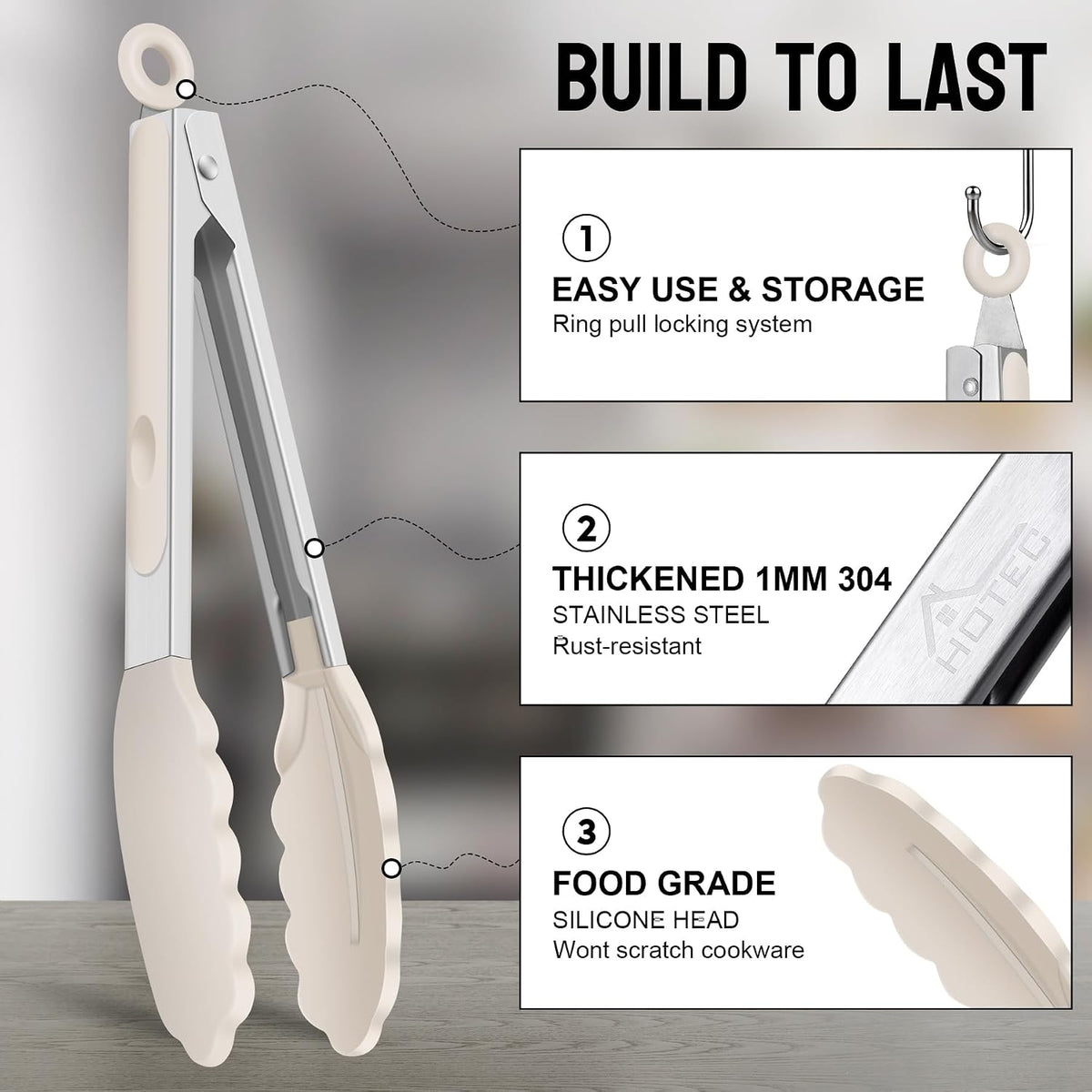 HOTEC Stainless Steel Kitchen Tongs with Silicone Tips, Set of 3-7",9" &12"