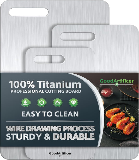 Titanium Cutting Boards Set of 3, 100% Pure Titanium Kitchen Cutting Board, Double-Sided Non-Toxic Cutting Board, Ideal for Slicing and Dicing Meats, Features Handle, Dishwasher Safe