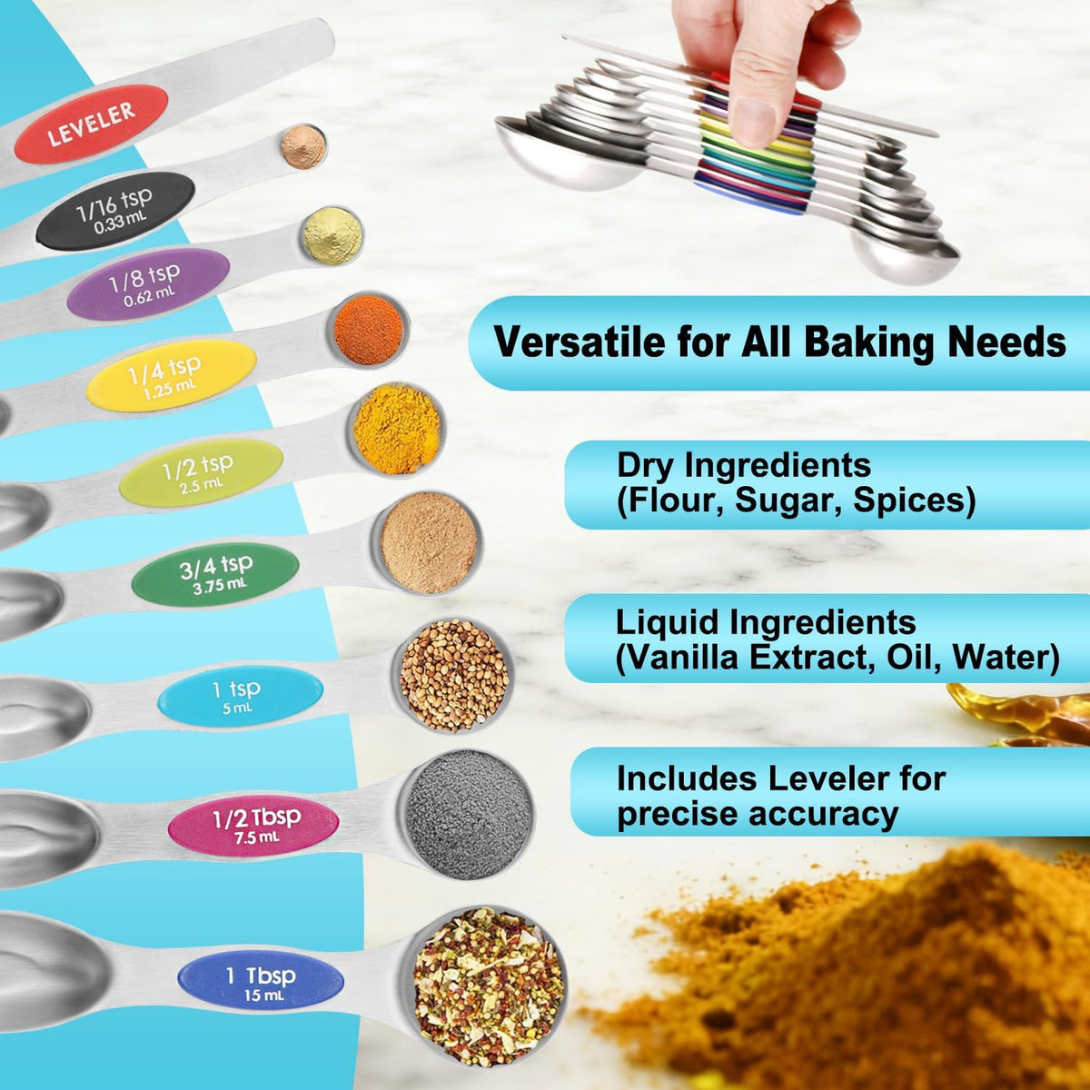 Magnetic Measuring Spoons Set of 9 with Leveler, Color-Coded Dual Sided Stainless Steel Measuring Spoon Set, Stackable Teaspoon and Tablespoon Set for Baking, Cooking, Kitchen Gadgets Dishwasher Safe