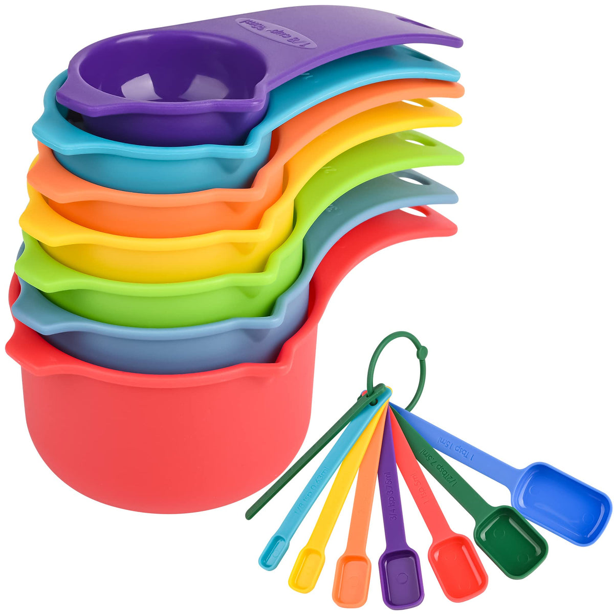 Measuring Cups and Spoons Set, Plastic Measuring Cup Set 15, Mixing Color Dry Measure Cups Spoons, 7 Measuring Cups & 7 Spoons, Kitchen Measure Cup Spoons for Cooking & Baking