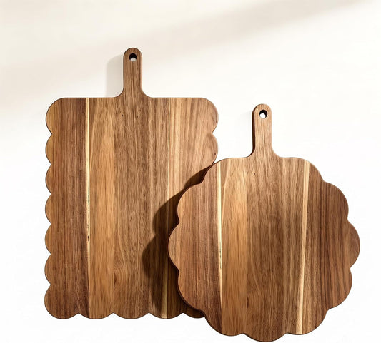 Acacia Wood Scalloped Cutting Boards Set of 2 - Decorative Wooden Charcuterie Board with Handles, Farmhouse Kitchen Serving Trays for Cheese, Meat, Fruit, Bread, Cottagecore Home Decor