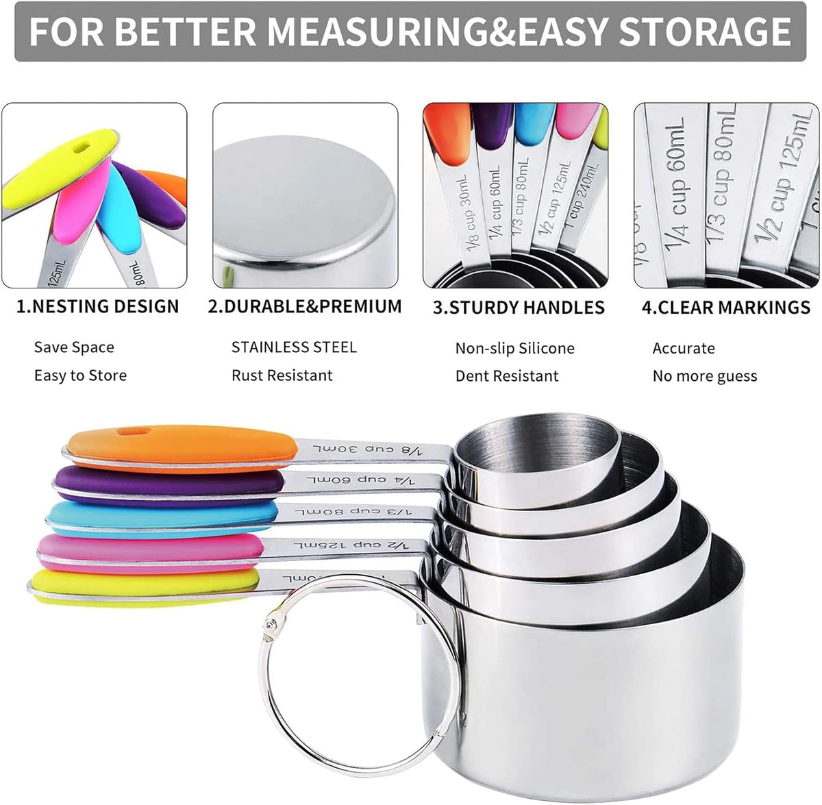 TILUCK measuring cups and magnetic measuring spoons set, stainless steel measuring cups, 6 double-sided stainless steel measuring spoons & 1 leveler (12)