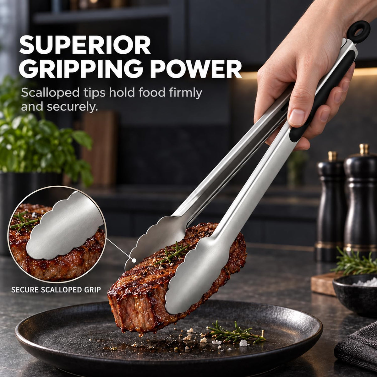 Stainless Steel Cooking Tongs Set of 3 - Heavy Duty 12/9/7 Inch Locking Tongs, Heat Resistant to 600 Degrees, Food Grade Kitchen Metal Tong for Food, Salad, & BBQ - Dishwasher Safe