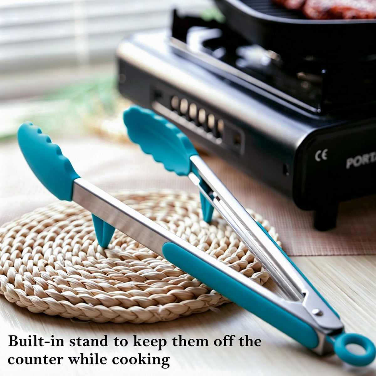 Kitchen Tongs for Cooking with Silicone Tips, 3 Size Mini Tong Peacock Blue