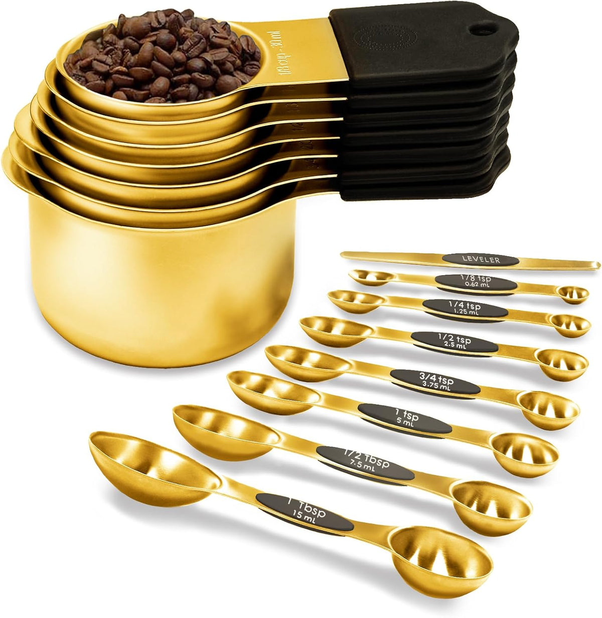 Magnetic Measuring Cups and Spoons Set of 15-304 Stainless Steel Gold Cups