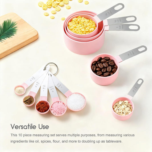 Measuring Cups and Spoons Set, 10 Pieces Stackable Measure Tools with Stainless Steel Handles, Kitchen Gadgets for Cooking & Baking (Pink)