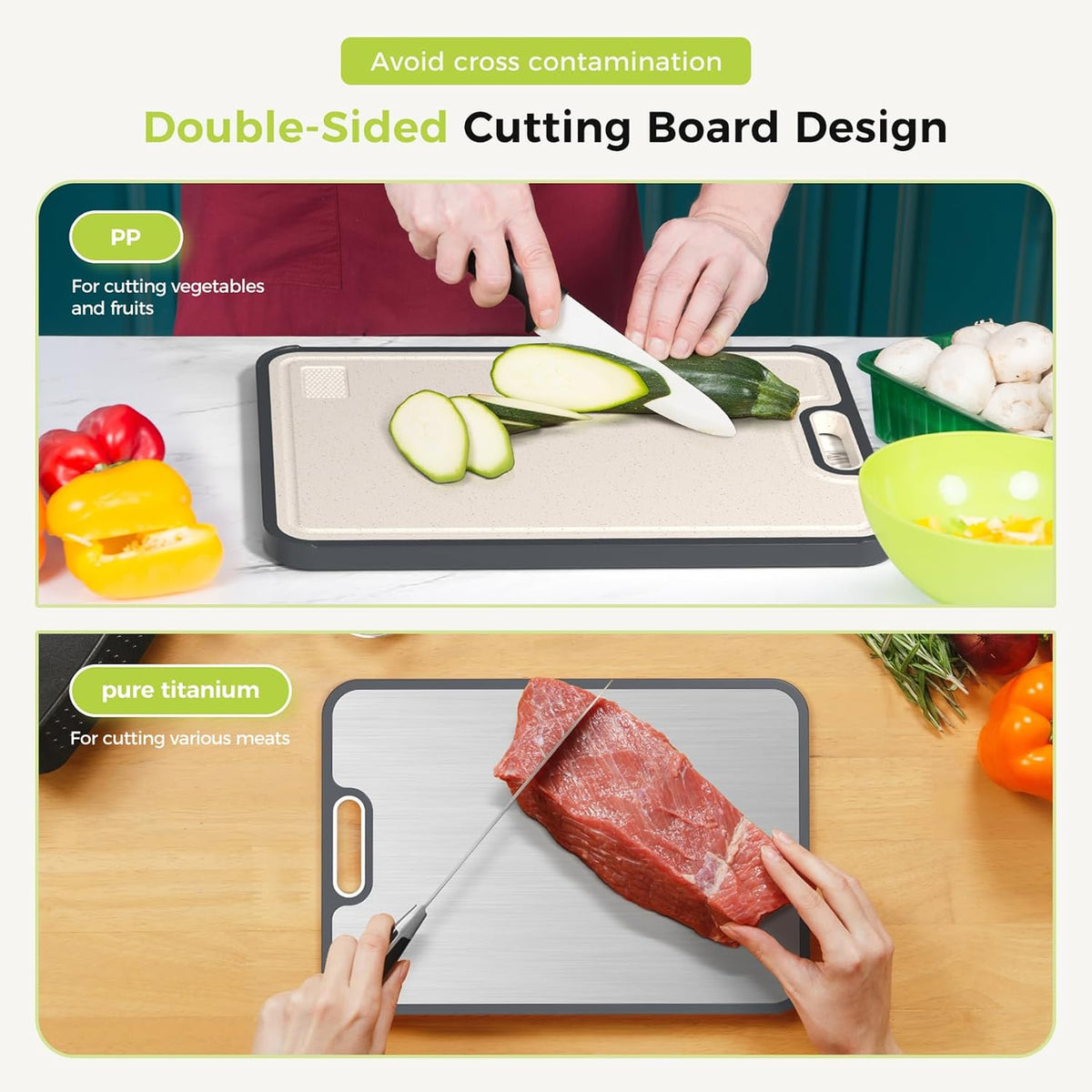 Titanium Cutting Board for Kitchen, Pure Titanium/PP, Size 16”×11” | Food Grade Materials, Separate Prep Surfaces for Raw & Cooked Food, Odor Resistant, Easy to Clean, Durable Kitchen Essential