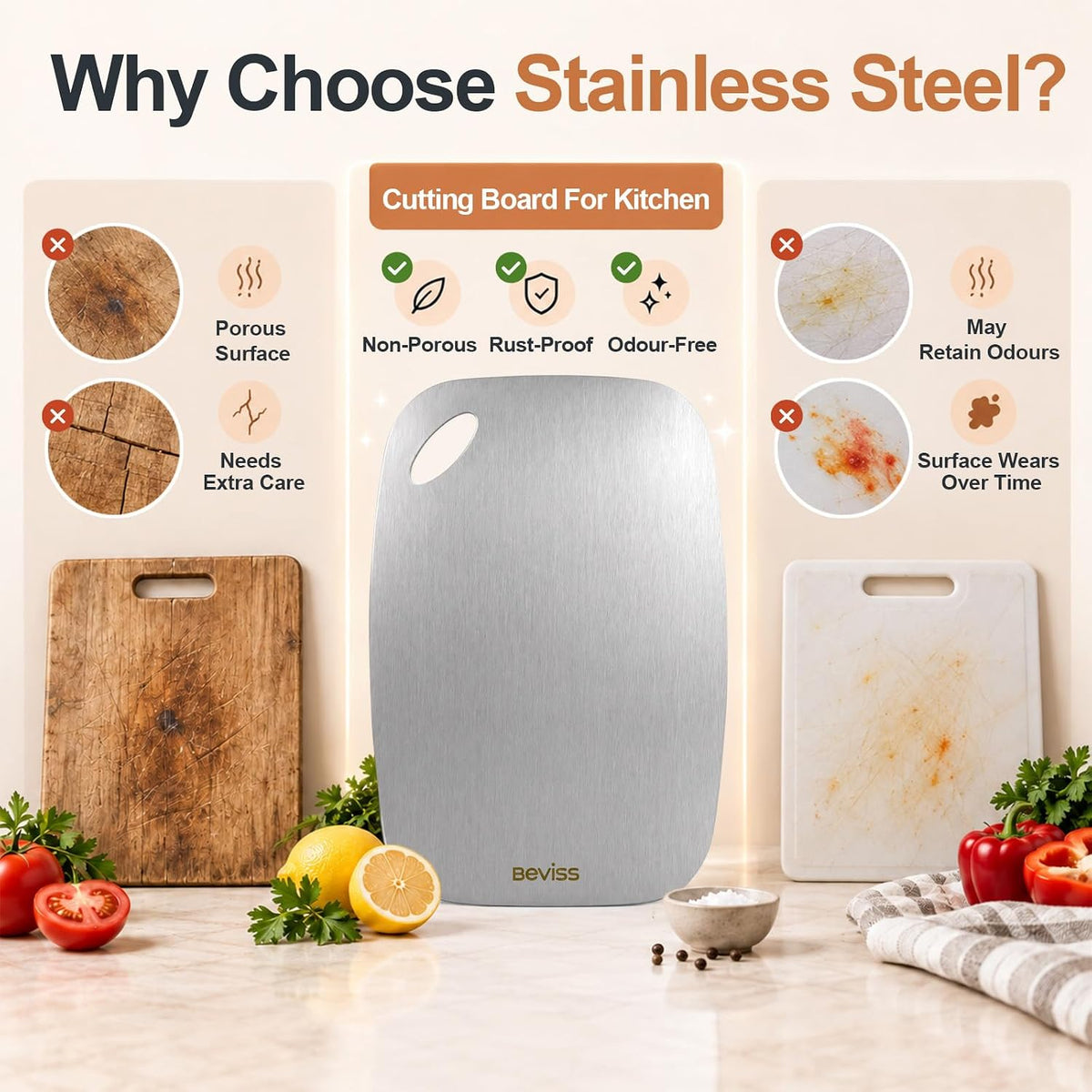 Cutting Board, 100% Pure 18/8 Stainless Steel Cutting Board Double Sided,Chopping Board for Kitchen, Dishwasher Safe Chopping Board for Meat, Vegetables or Fruit(11.5"L x 8"W)