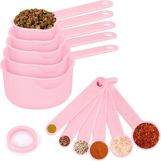 Accmor Measuring Cups & Spoons Set, Measuring Cup Set, Plastic Stackable Cups and Spoons, 11 Pcs Different Capacities Tablespoons Kitchen Gadgets Nesting Measure Sets for Dry Liquid Ingredients (Pink)