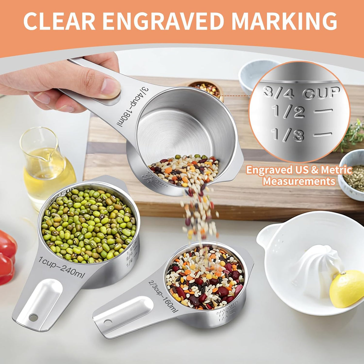 EWFEN Measuring Cups and Spoons Set, 7 Stainless Steel Nesting Measuring Cups & 7 Spoons, 5 Mini Measuring Spoons &1 Leveler, Kitchen Gadgets for Cooking & Baking, Square