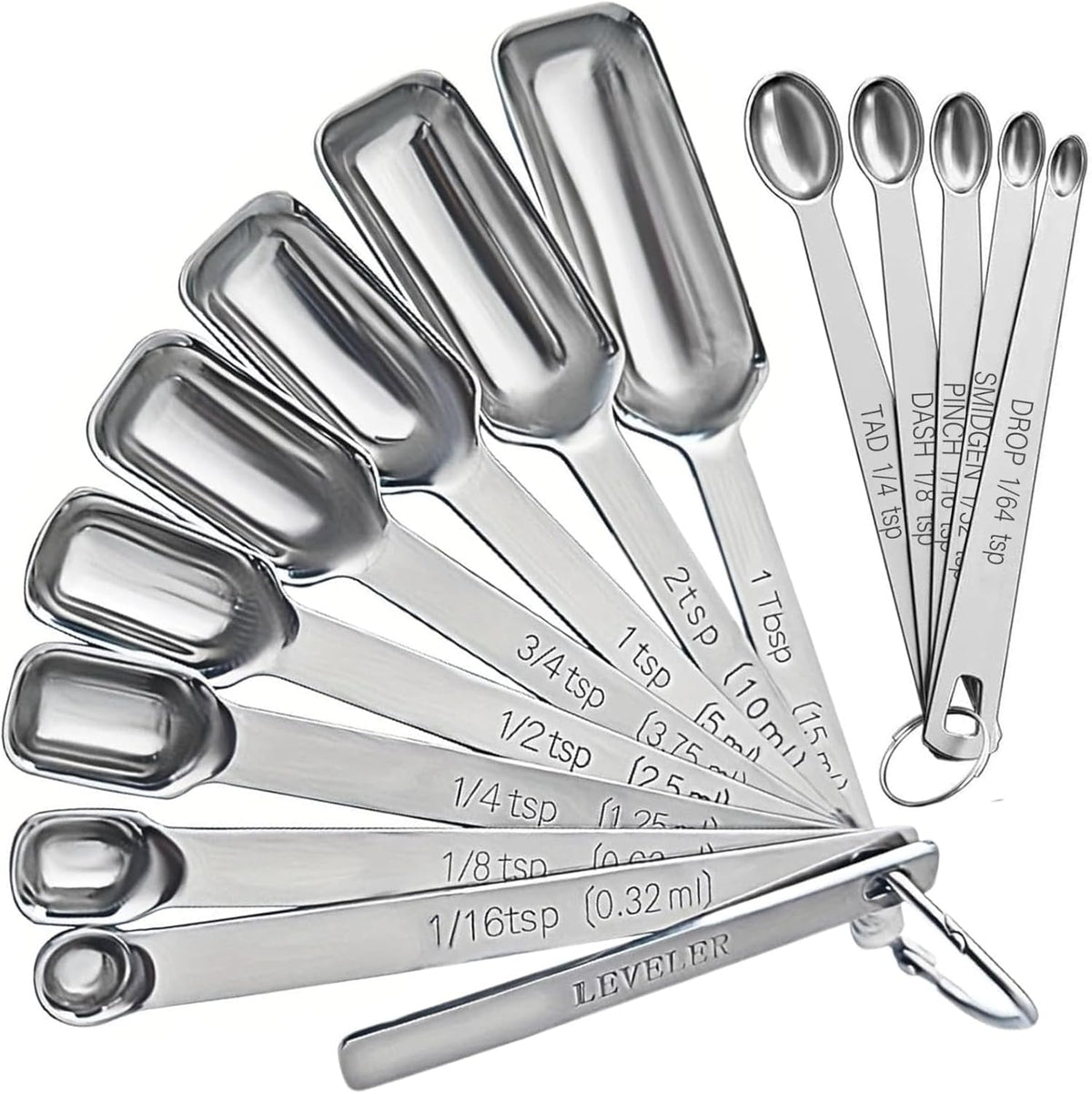 Stainless Steel Measuring Spoons Set of 14 with Leveler, Rectangular Teaspoon & Tablespoon Measuring Spoons for Dry & Liquid Ingredients, Slim Design Fits in Spice Jars