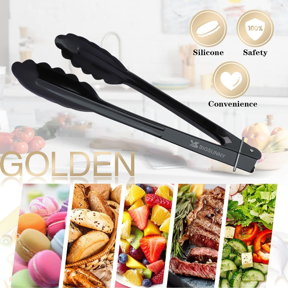 MSY BIGSUNNY 9 Inch Black Aluminum Food Tongs - Set of 3