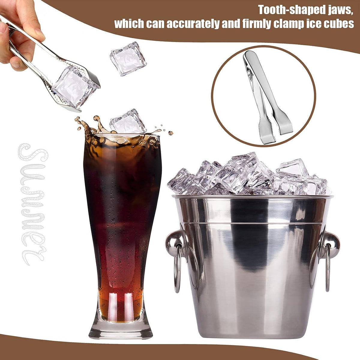 Sieral 4 Pcs Ice Tongs and Scoop for Ice Bucket Kit Silver Stainless