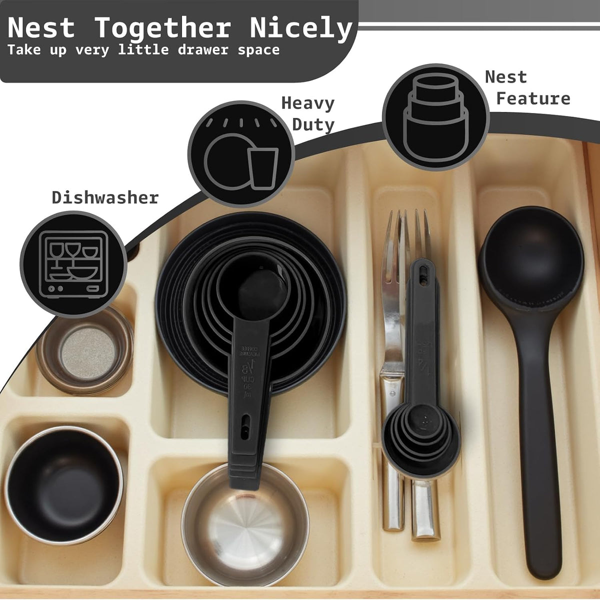 Inmorven 10pcs Measuring Cups and Spoons Set, BPA-Free Plastic Kitchen Baking Tools with Engraved Markings, Stackable Design for Dry & Liquid Ingredients (Black)