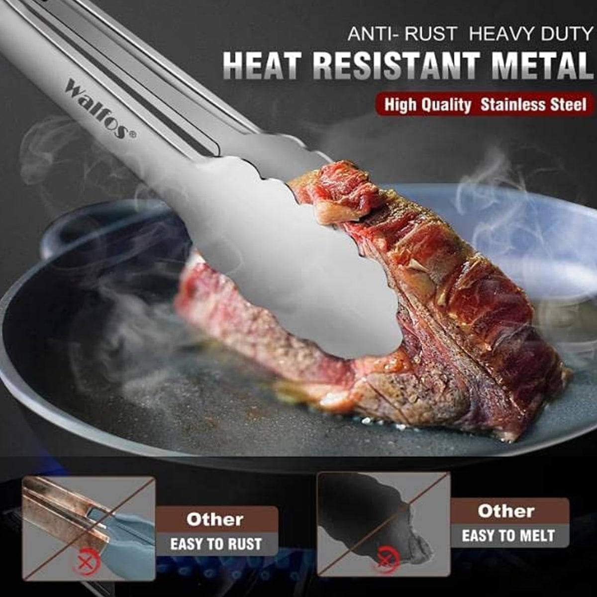 Walfos Kitchen Tongs for Cooking, 600℉ Heat Resistant Stainless Steel Tongs, All Metal Heavy Duty Tongs For Food ,BBQ Grilling - 7 ，9 and 12 Inch ,Set of 3