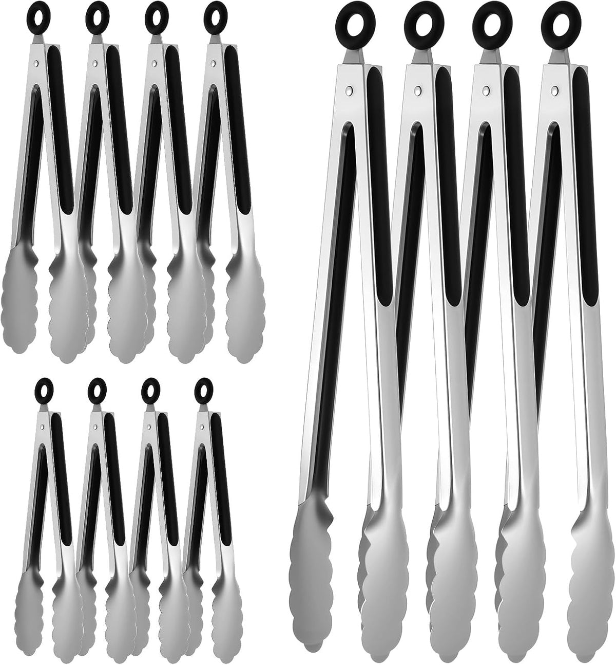 12 Pcs Stainless Steel Kitchen Tongs, 7/9/12 Inches Heat Resistant