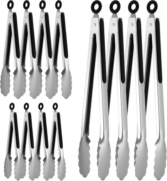 12 Pcs Stainless Steel Kitchen Tongs, 7/9/12 Inches Heat Resistant