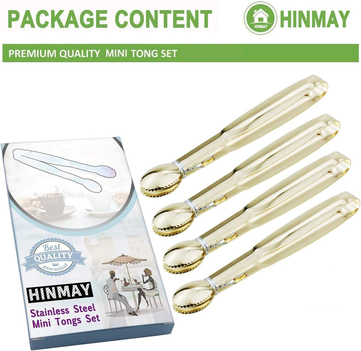 HINMAY Mini Appetizer Tongs 5.75" Stainless Steel Tongs, Set of 4 (Gold)