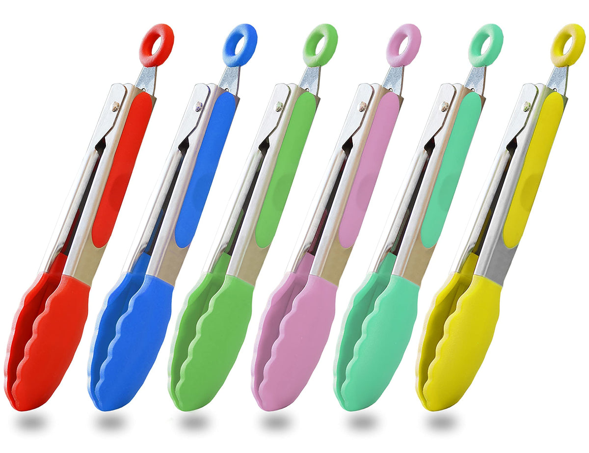 HINMAY Mini Tongs with Silicone Tips 7-Inch Kitchen Tongs, Set of 3 (Black)