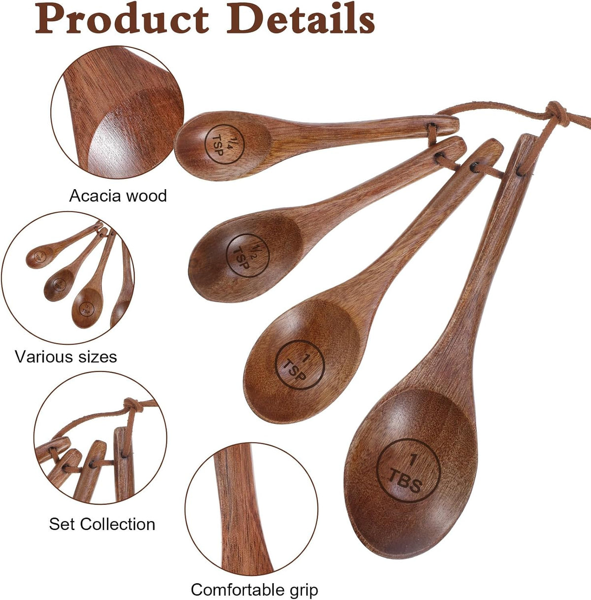 Nogeqi 4PCS Wooden Measuring Spoons Set, Natural Acacia Wooden Table Spoons Measuring Spoon Tablespoon Scoop Teaspoon Scoop for Measure Dry Ingredients, Includes 1/4, 1/2, 1 Tsp and 1 Tbsp