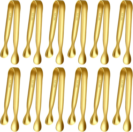 HOTEC 12Pcs Mini Gold Tongs for Serving, 4.3" Small tongs Stainless Steel Sugar Tongs for Coffee Bar, Tea Party, Appetizers, Desserts, Buffet and Ice Bucket Food-Grade & Dishwasher Safe