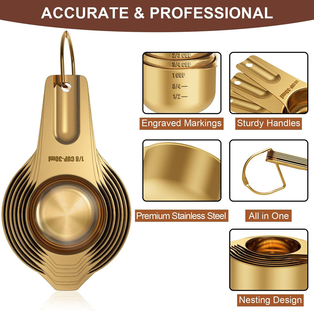 Wildone Copper Plated Measuring Cups & Spoons Set of 21 - Includes 7 Stainless Steel Nesting Measuring Cups, 8 Measuring Spoons, 1 Leveler & 5 Mini Measuring Spoons, Ideal for Dry & Liquid Ingredients