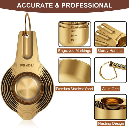 Wildone Copper Plated Measuring Cups & Spoons Set of 21 - Includes 7 Stainless Steel Nesting Measuring Cups, 8 Measuring Spoons, 1 Leveler & 5 Mini Measuring Spoons, Ideal for Dry & Liquid Ingredients
