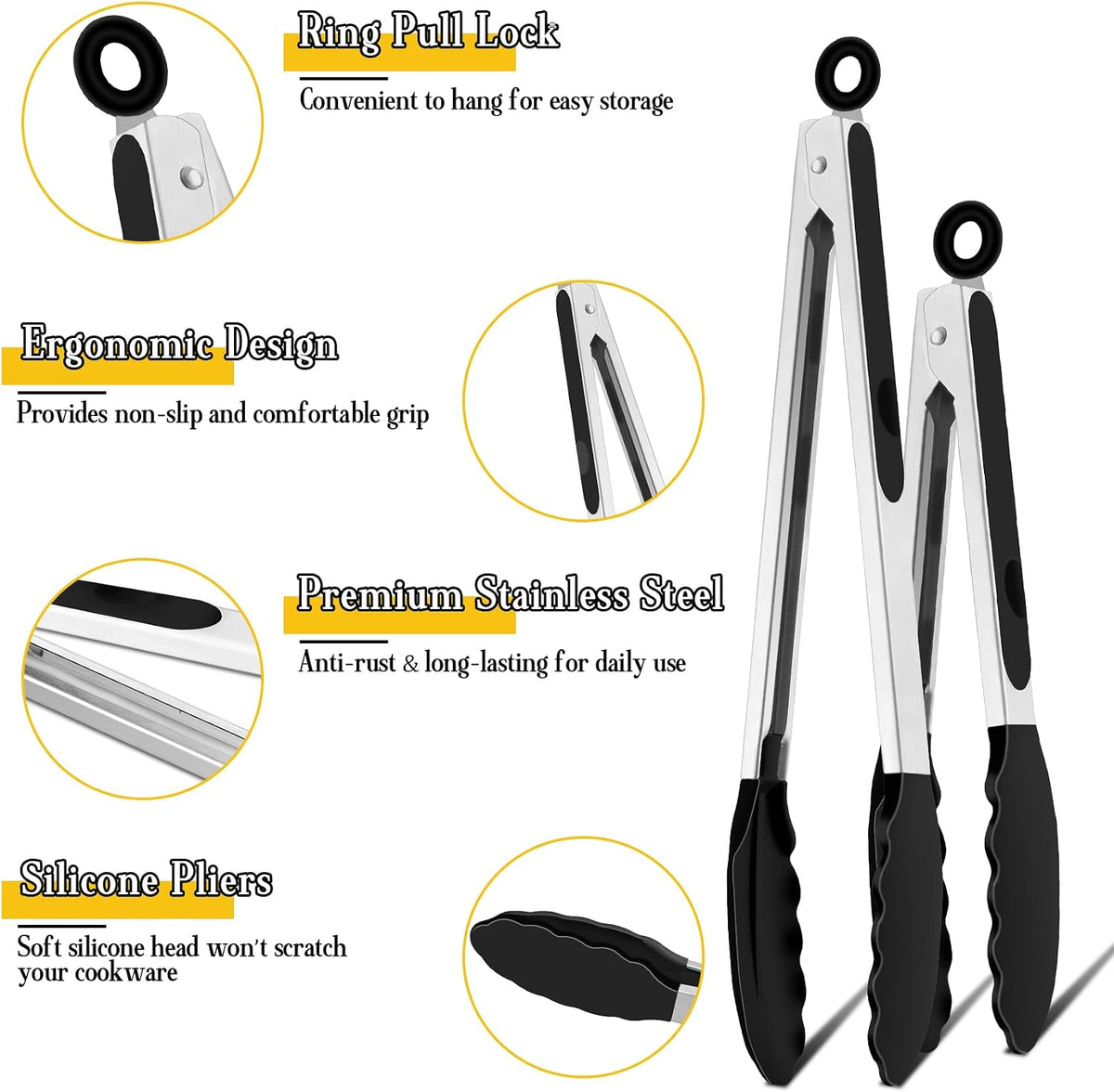 TeamFar Kitchen Tongs, 9"&12" Stainless Steel Heat Resistant Cooking Tongs