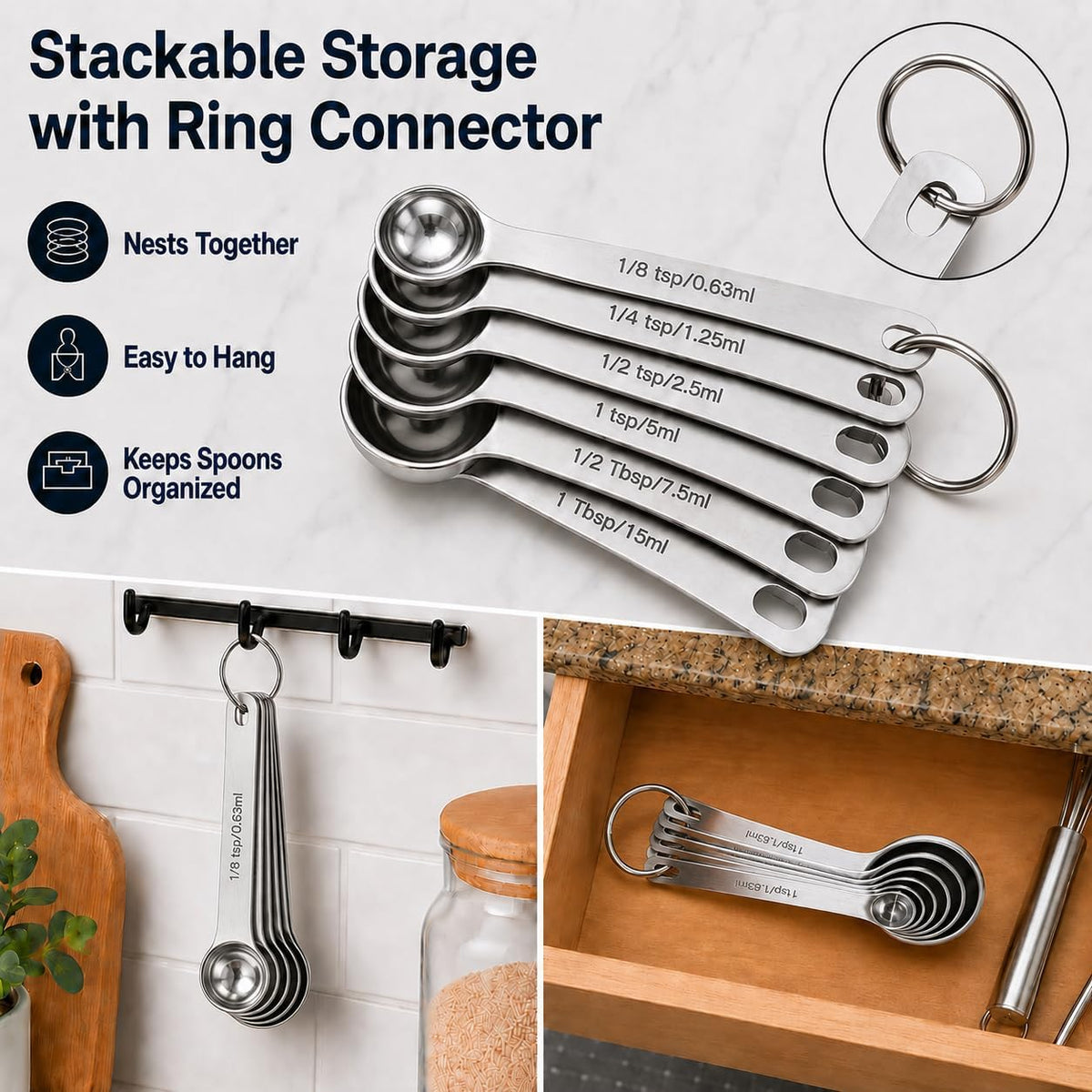 Stainless Steel Measuring Spoons Set of 6, Engraved US & Metric
