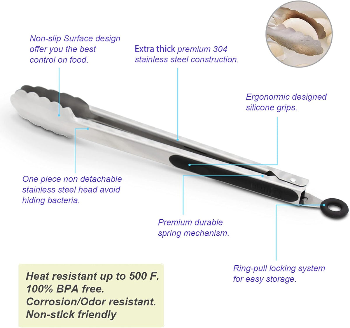 304 Stainless Steel Kitchen Cooking Tongs, 9" and 12" Set of 2 Sturdy Grilling Barbeque Brushed Locking Food Tongs with Ergonomic Grip, Black