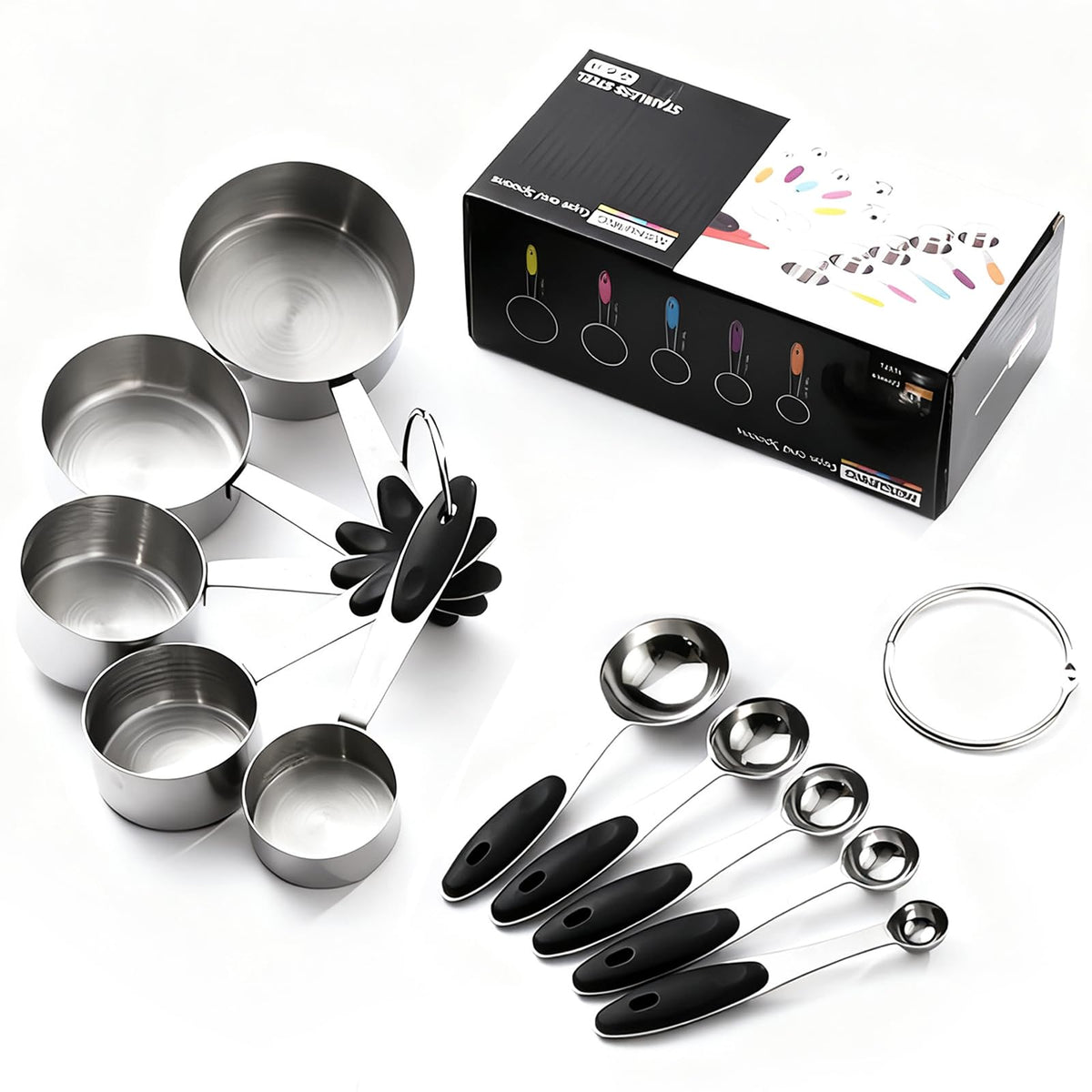 Inmorven 10pcs Measuring Cups and Spoons Set, BPA-Free Plastic Kitchen Baking Tools with Engraved Markings, Stackable Design for Dry & Liquid Ingredients (Black)