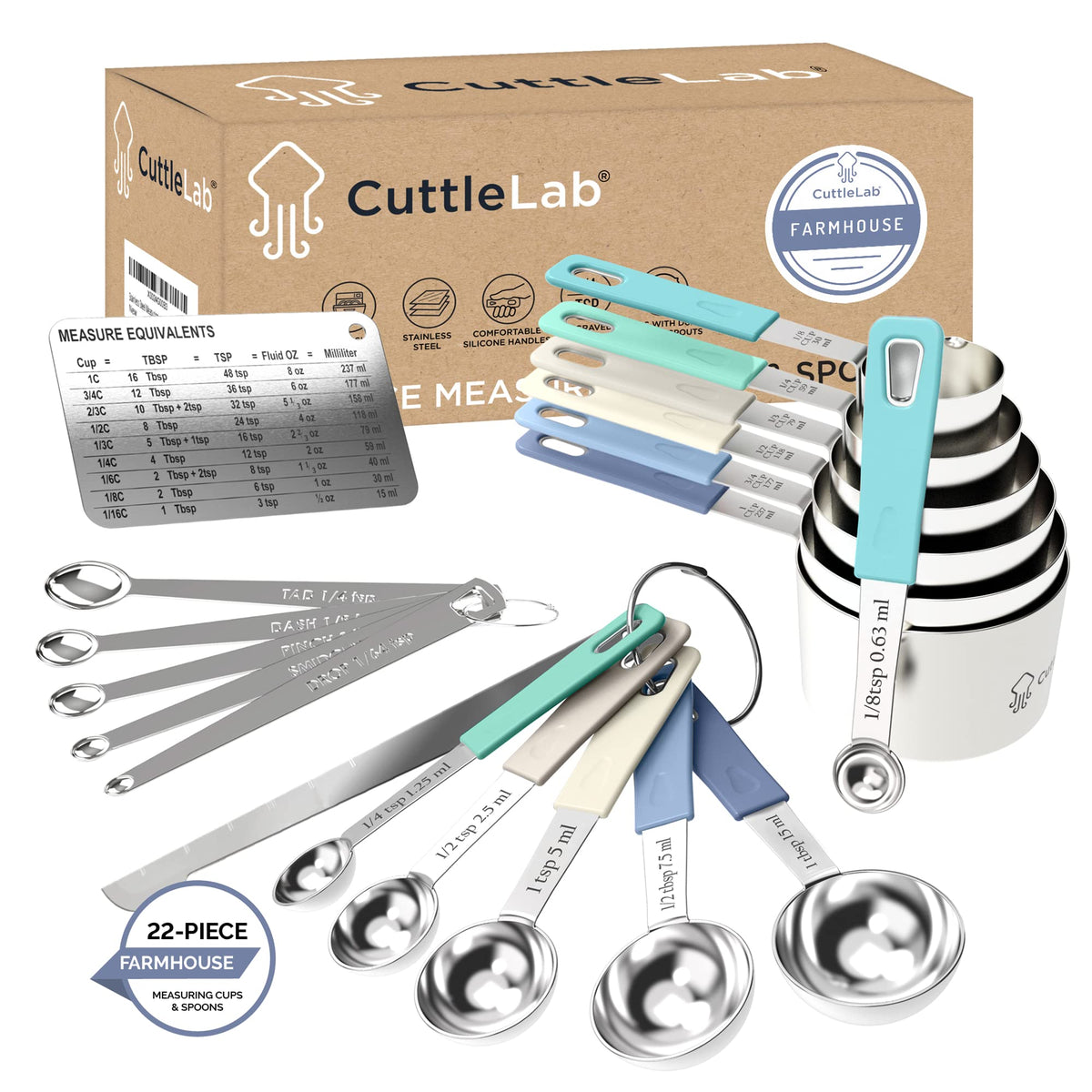 CuttleLab 22-Piece Stainless Steel Measuring Cups and Spoons Set, Tad Dash Pinch Smidgen Drop Mini Measuring Spoons, Measuring Stick Leveler, Measurement Conversion Chart Fridge Magnet, (Charcoal)