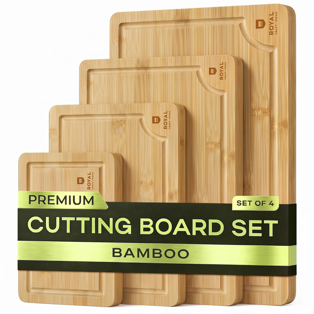 ROYAL CRAFT WOOD Wooden Cutting Boards for Kitchen Appliances - Non Toxic Bamboo Wood Cutting Board Set with Deep Juice Groove, Side Handles, Charcuterie & Butcher Block for Meat, Meal Prep & Serving