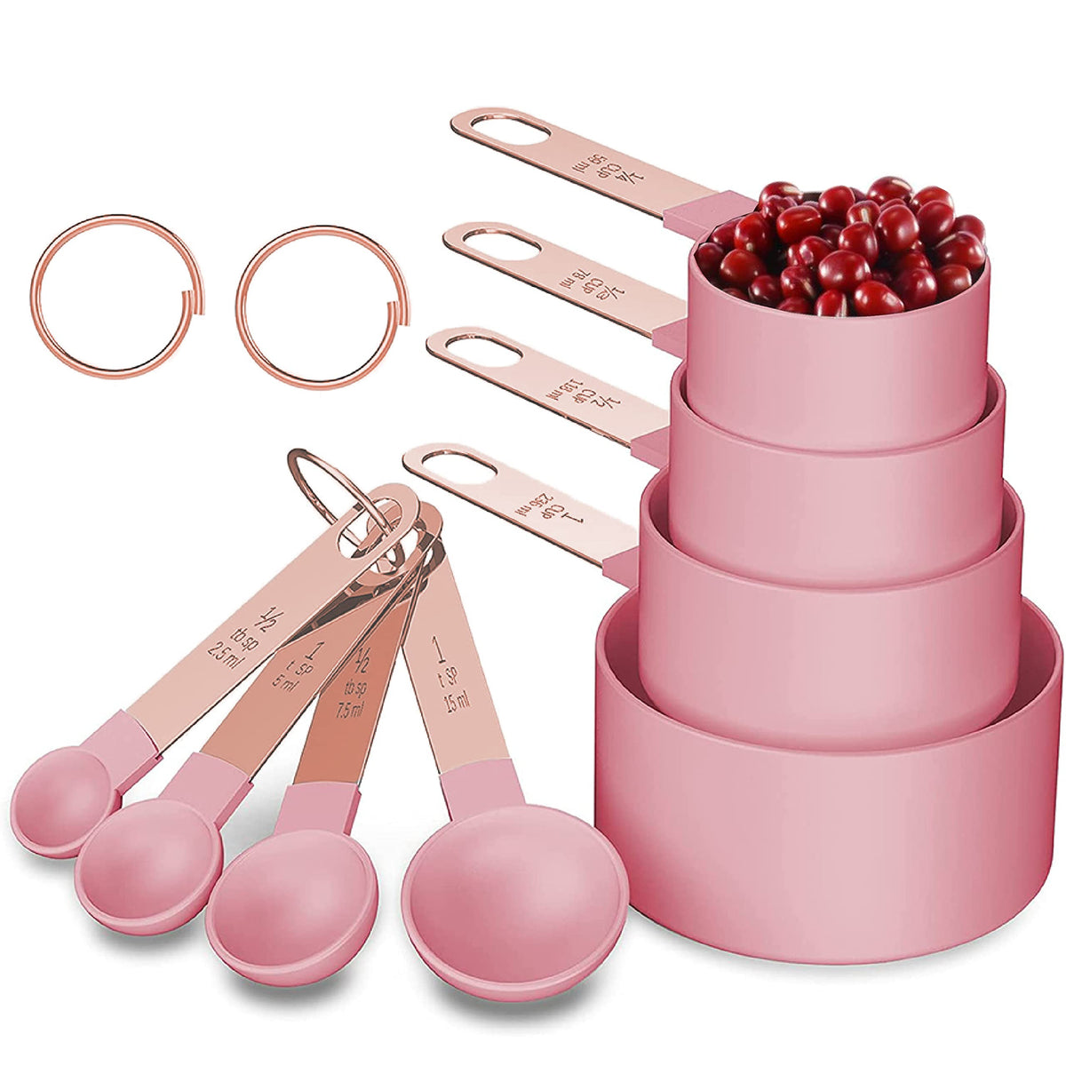 Rose Gold Stainless Steel Handle Measuring Cups and Spoons Set, 8 Piece Stackable Accurate Tablespoon for Measuring Dry and Liquid Ingredients Small Teaspoon with Plastic Head (Pink)