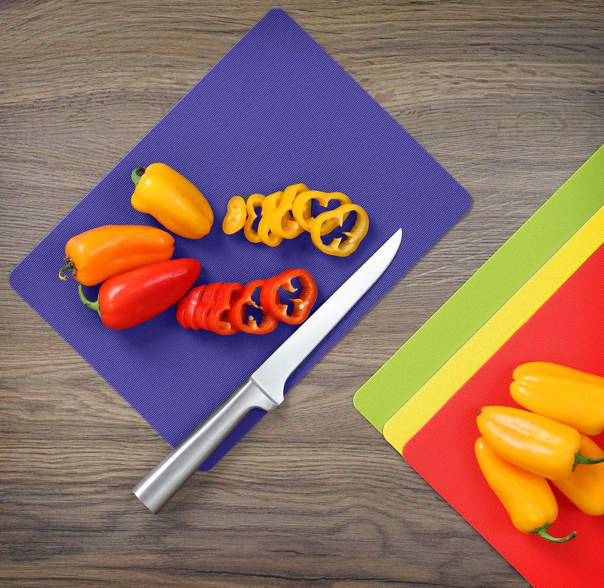 Dexas Heavy Duty Cutting Board Grippmat, Flexible Cutting Boards for Kitchen, Set of 4, Non Slip Plastic Board Cutting Mat Small Size 5.5 x 8, Blue, Green, Yellow, Red Set, Kitchen Gadgets