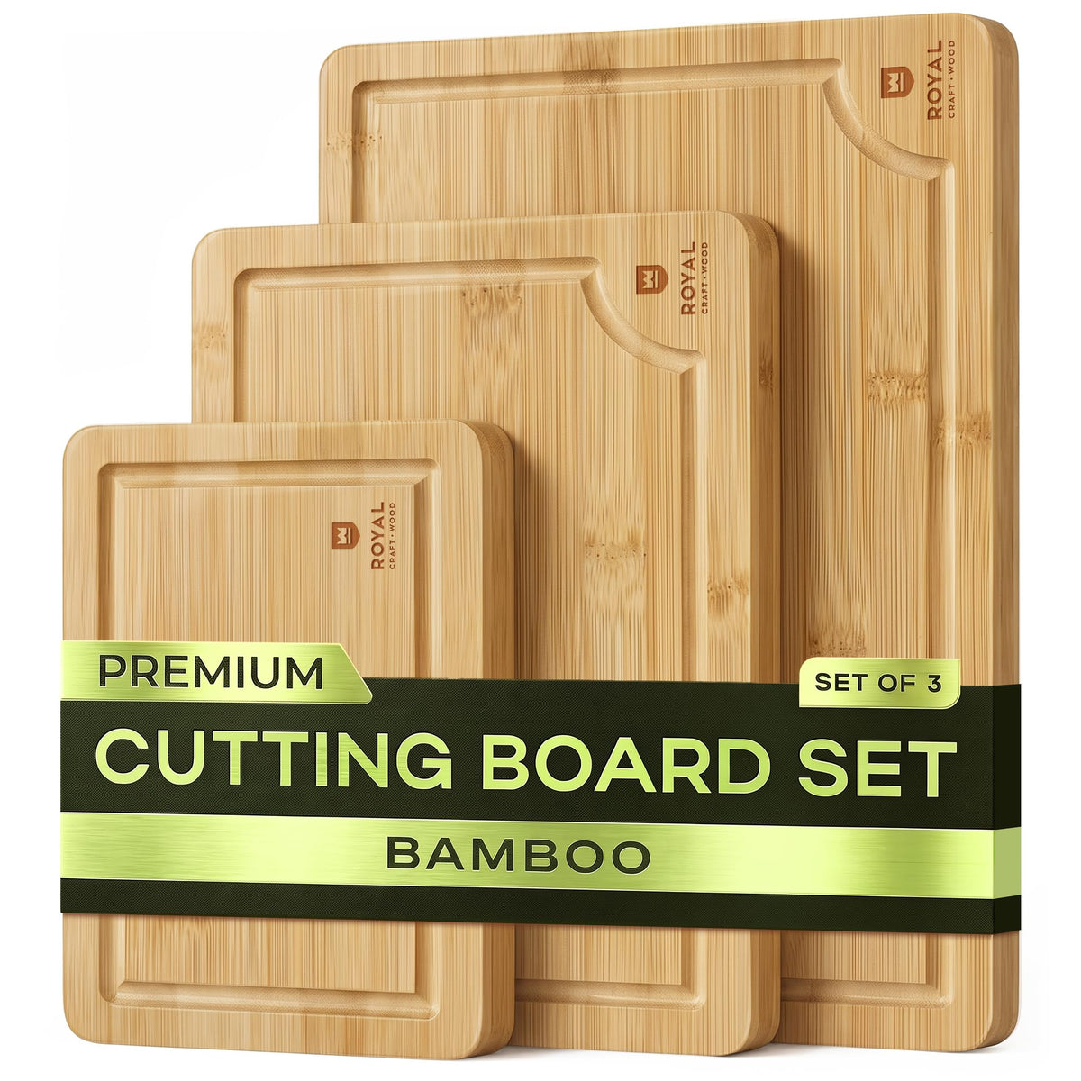 ROYAL CRAFT WOOD Wooden Cutting Boards for Kitchen Meal Prep & Serving - Bamboo Wood Serving Board Set with Deep Juice Groove Side Handles - Charcuterie & Chopping Butcher Block for Meat