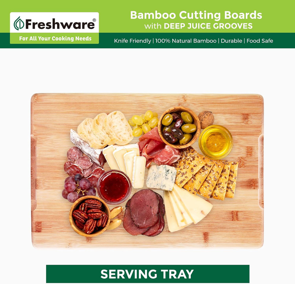 Freshware Freshware Bamboo Cutting Boards for Kitchen with Juice Groove [Set of 2] Wood Cutting Board for Chopping Meat, Vegetables, Fruits, Cheese, Knife Friendly Serving Tray with Handles