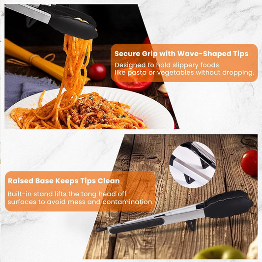 Kitchen Cooking Tongs Set, 9" & 12", Black, 2 Pack
