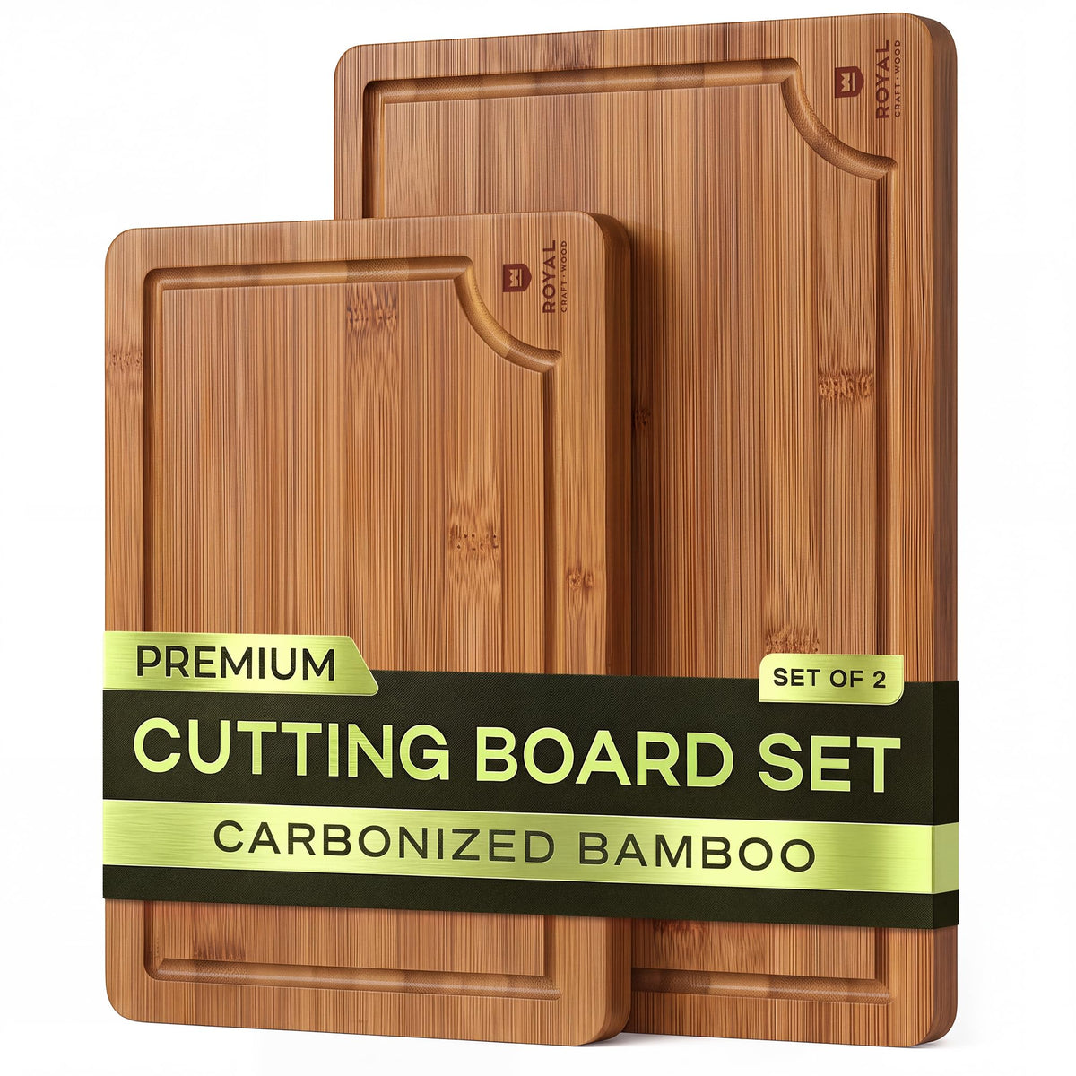 ROYAL CRAFT WOOD Wooden Cutting Boards for Kitchen Meal Prep & Serving - Bamboo Wood Serving Board Set with Deep Juice Groove Side Handles - Charcuterie & Chopping Butcher Block for Meat