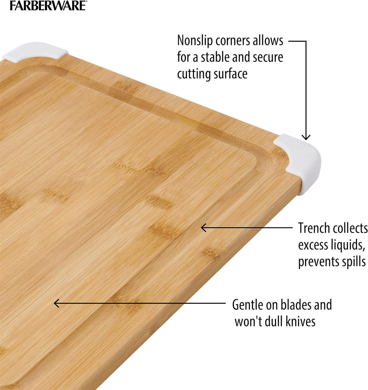 Farberware Nonslip Bamboo Cutting Board with Juice Groove, 11x14 Inch, White