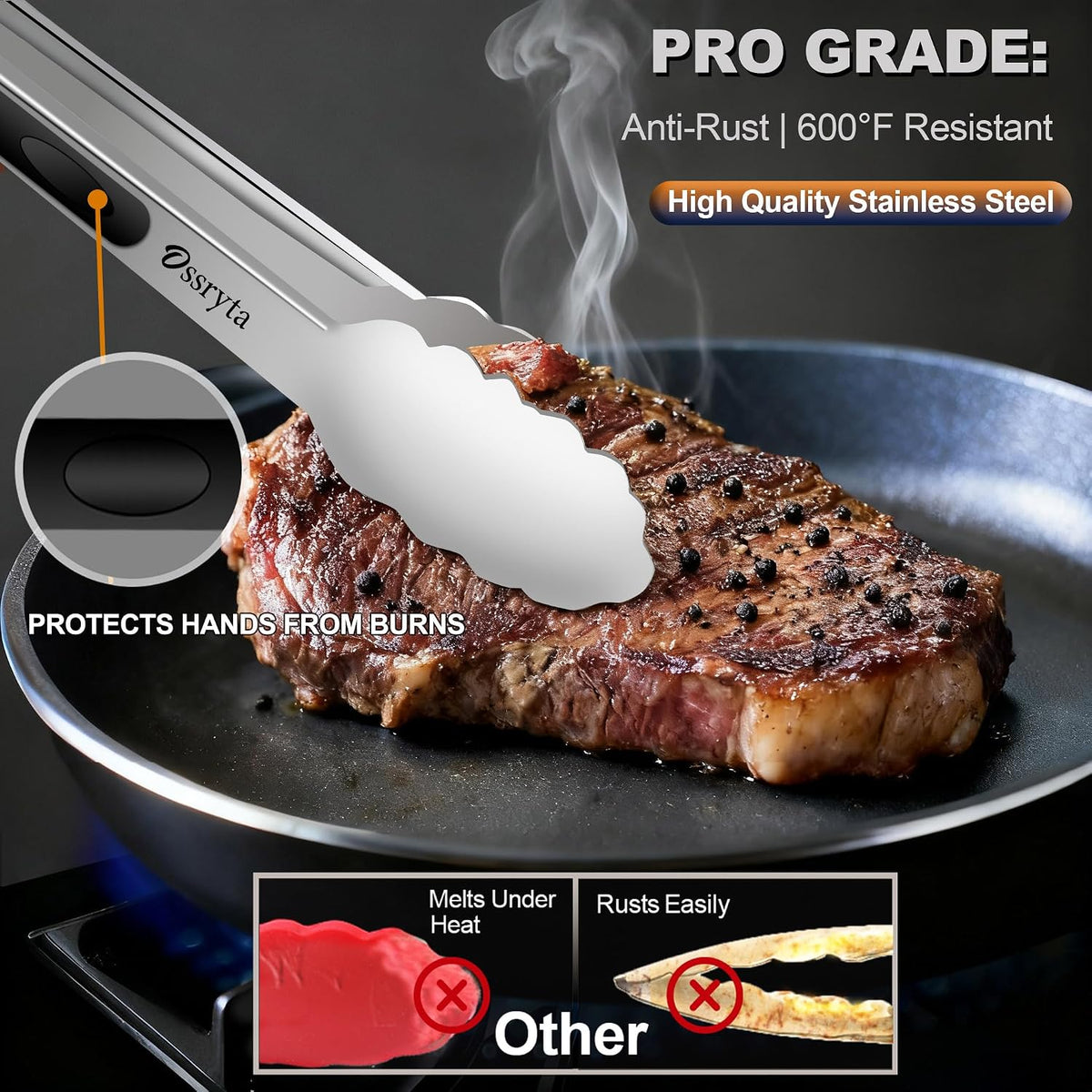Stainless Steel Cooking Tongs Set of 3 - Heavy Duty 12/9/7 Inch Locking Tongs, Heat Resistant to 600 Degrees, Food Grade Kitchen Metal Tong for Food, Salad, & BBQ - Dishwasher Safe