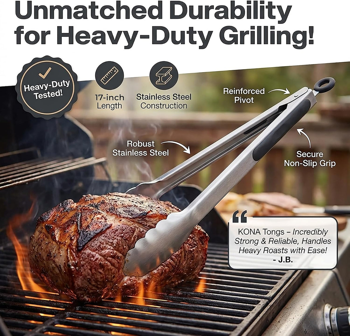 Kona 17-in Stainless Steel Locking Grill Tongs, Heavy-Duty, Set of 2