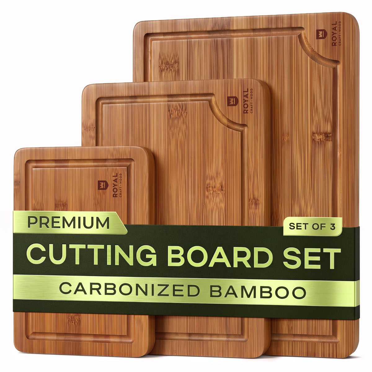 ROYAL CRAFT WOOD Wooden Cutting Boards for Kitchen Meal Prep & Serving - Bamboo Wood Serving Board Set with Deep Juice Groove Side Handles - Charcuterie & Chopping Butcher Block for Meat