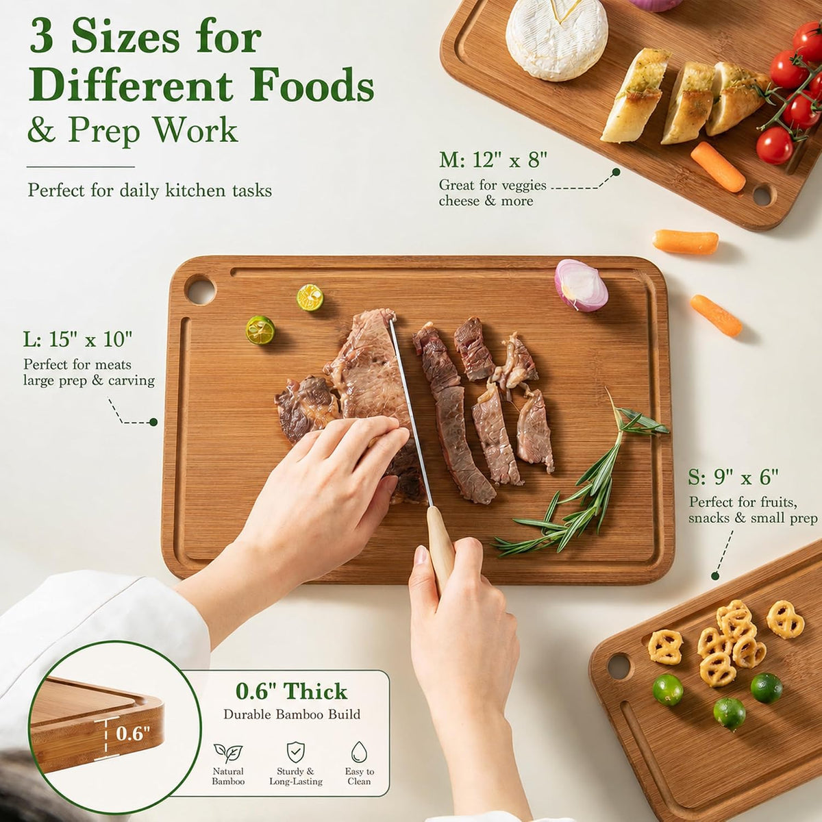 Bamboo Cutting Board 3-Piece Wooden Chopping Mats for kitchen